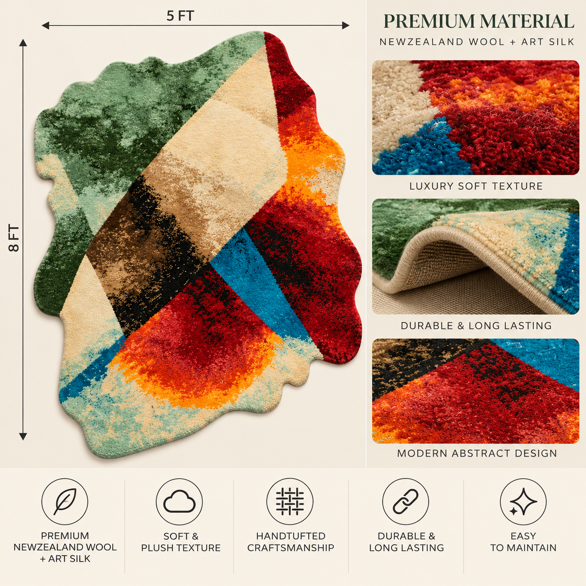 Abstract Color New Zealand Wool & Art Silk Rug | Abstract Color-Block & Organic Silhouette (GG)
