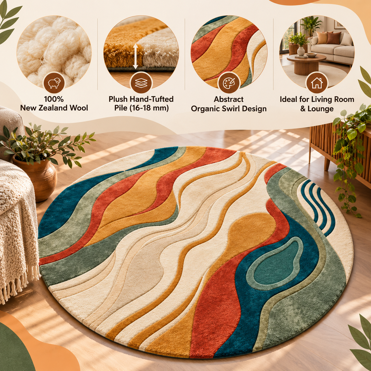 Abstract Organic Swirl Round Rug | Fluid Swirl Pattern (GG)
