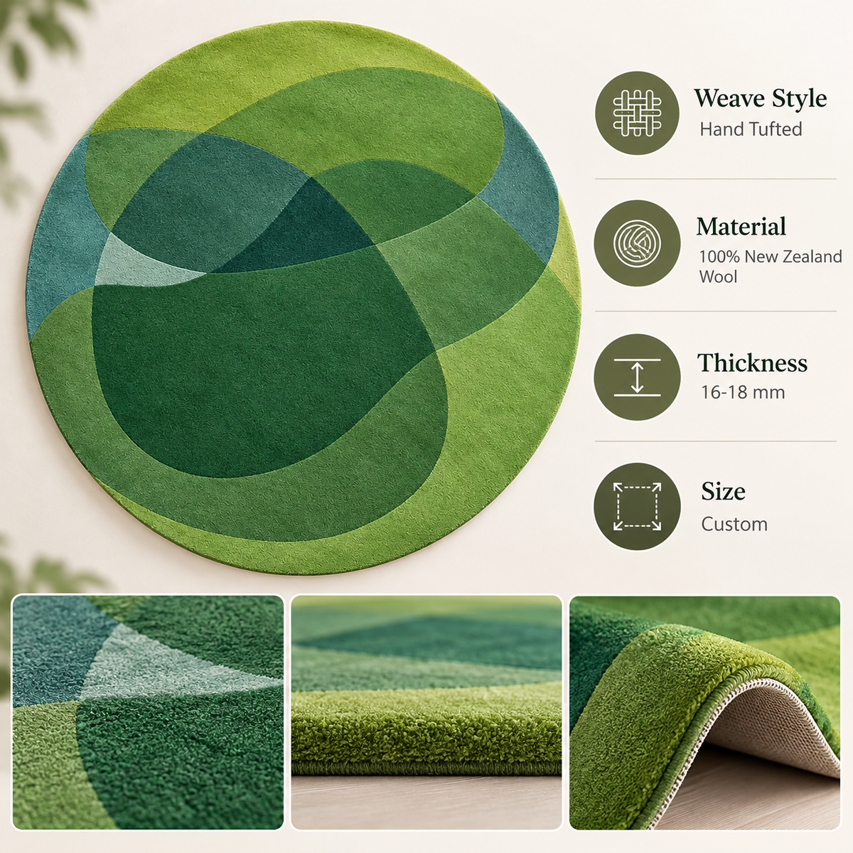 Abstract Overlapping Green Round Rug | Fluid Overlapping Organic Forest Canopy Pattern (GG)