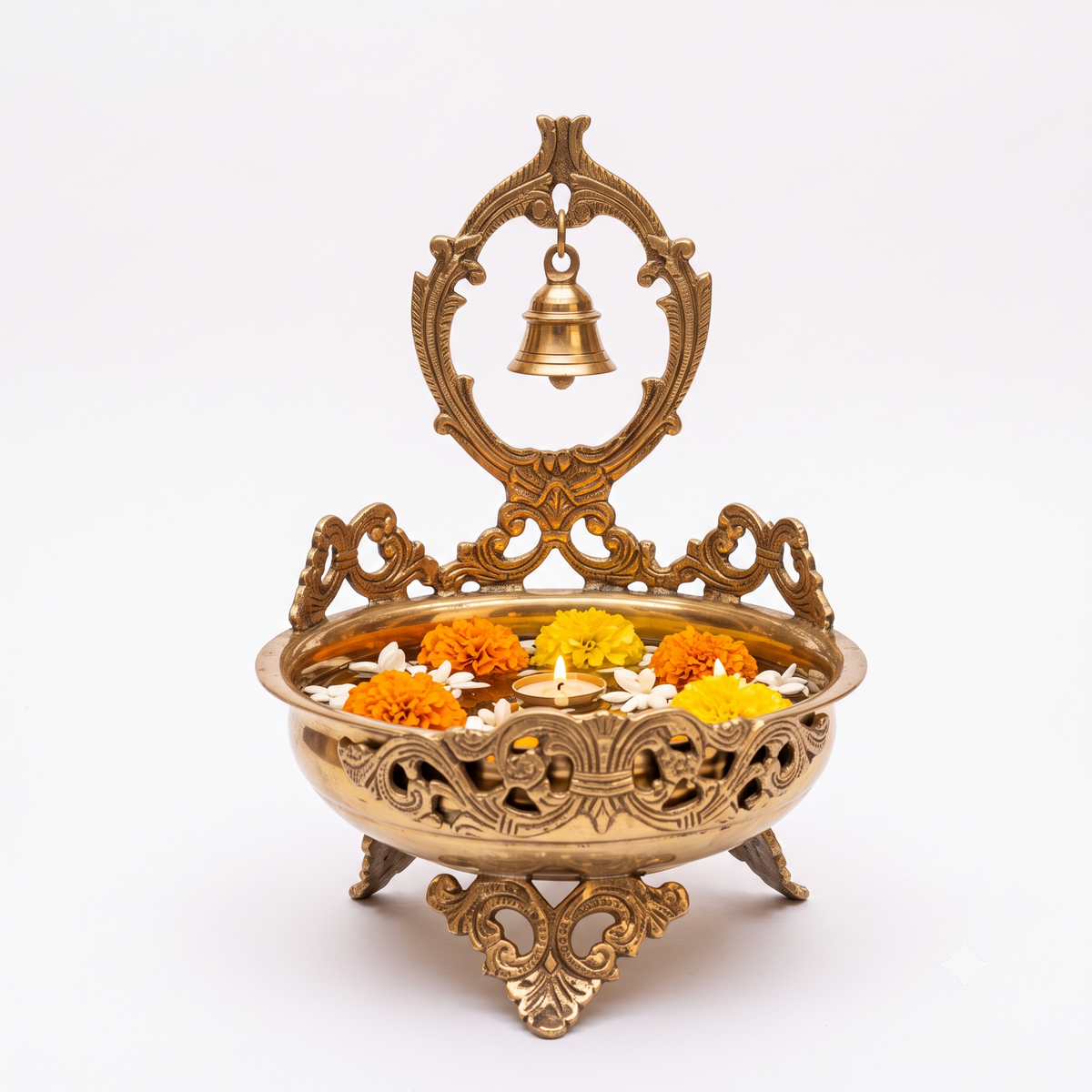 Brass Urli Bowl with Hanging Bell for Pooja & Home Décor - (DZ)