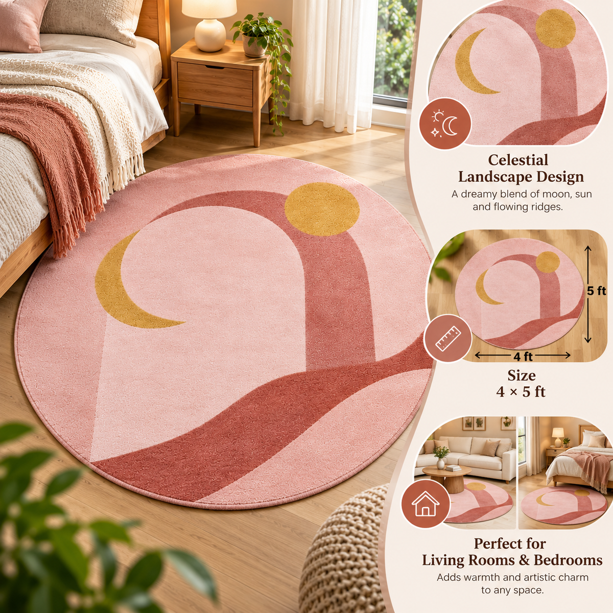 Celestial Landscape Blush Round Rug | Landscape with Moon, Sun & Flowing Ridges (GG)