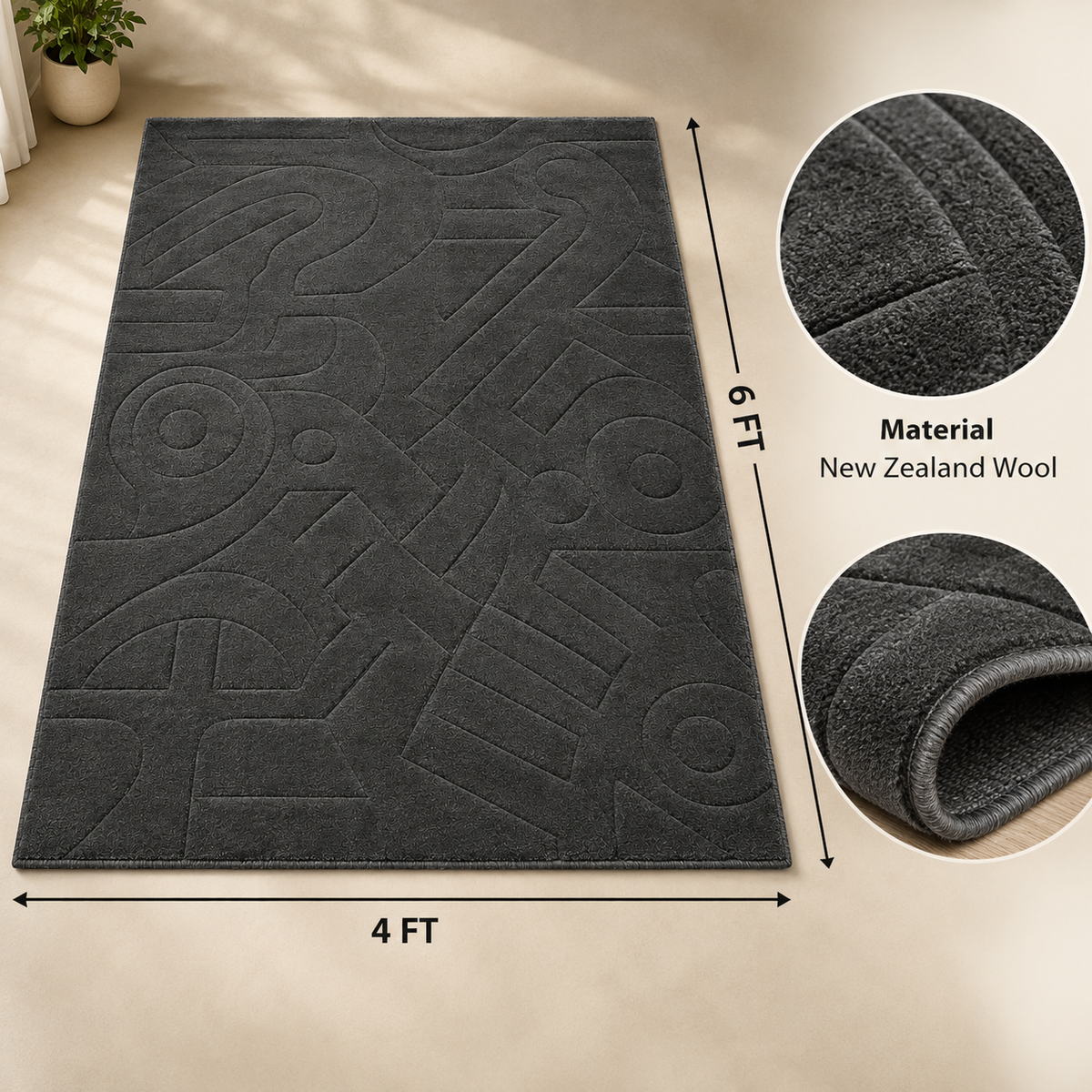 Charcoal Abstract New Zealand Wool Rug | Embossed Abstract Pattern (GG)