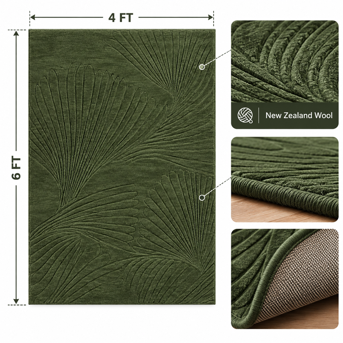 Forest Green Rug | Flowing Leaf-Inspired Embossed Pattern (GG)