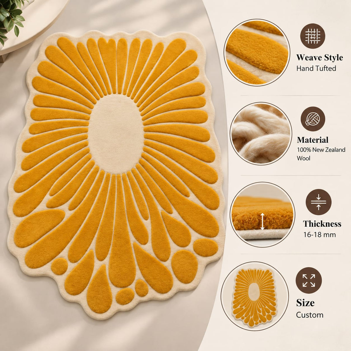 Golden Sunburst Bloom Rug | Flowing Sunburst Bloom Petal Pattern (GG)