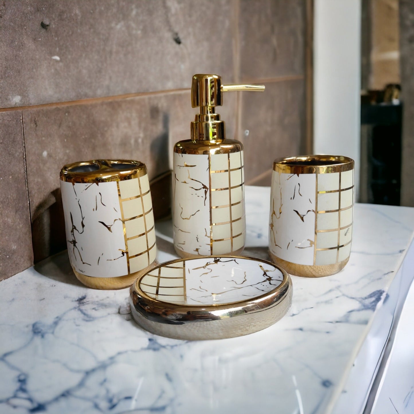 Symmetry Modern Bathroom Accessories Set - 1 Soap Dispenser + Toothbrush Holder + 1 Tumblers + 1 Soap Dish (W)
