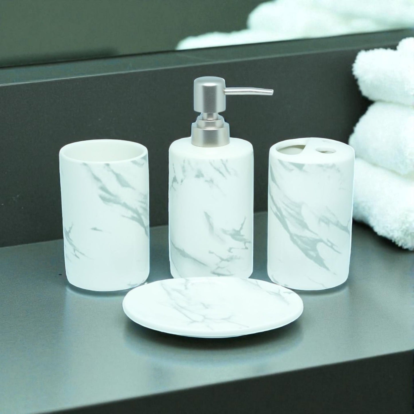 Luxe Bathroom Accessories Set - 1 Soap Dispenser + Toothbrush Holder + 1 Tumblers + 1 Soap Dish (W)