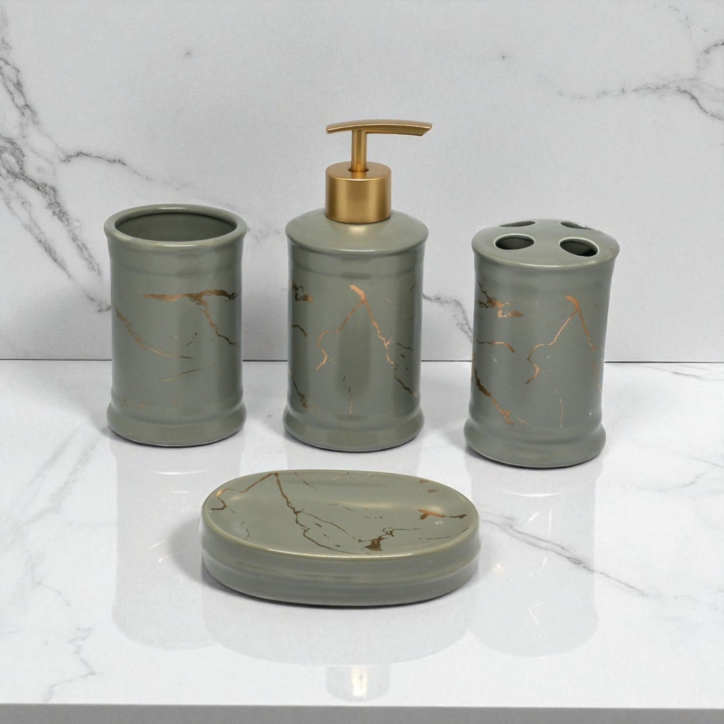 Elysian Marble Accents Bathroom Accessories Set - 1 Soap Dispenser + Toothbrush Holder + 1 Tumblers + 1 Soap Dish (W)