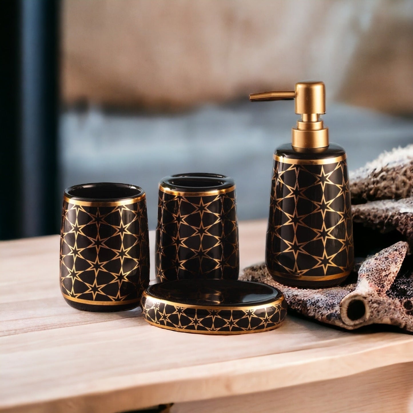 Elegant Glossy Finish Bathroom Accessories Set - 1 Soap Dispenser + Toothbrush Holder + 1 Tumblers + 1 Soap Dish (W)