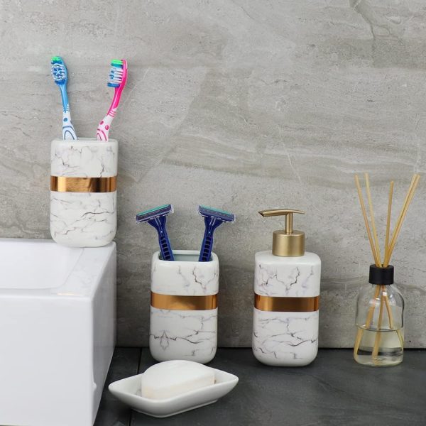 White Marble & Gold Bathroom Accessories Set - 1 Soap Dispenser + Toothbrush Holder + 1 Tumblers + 1 Soap Dish (W)