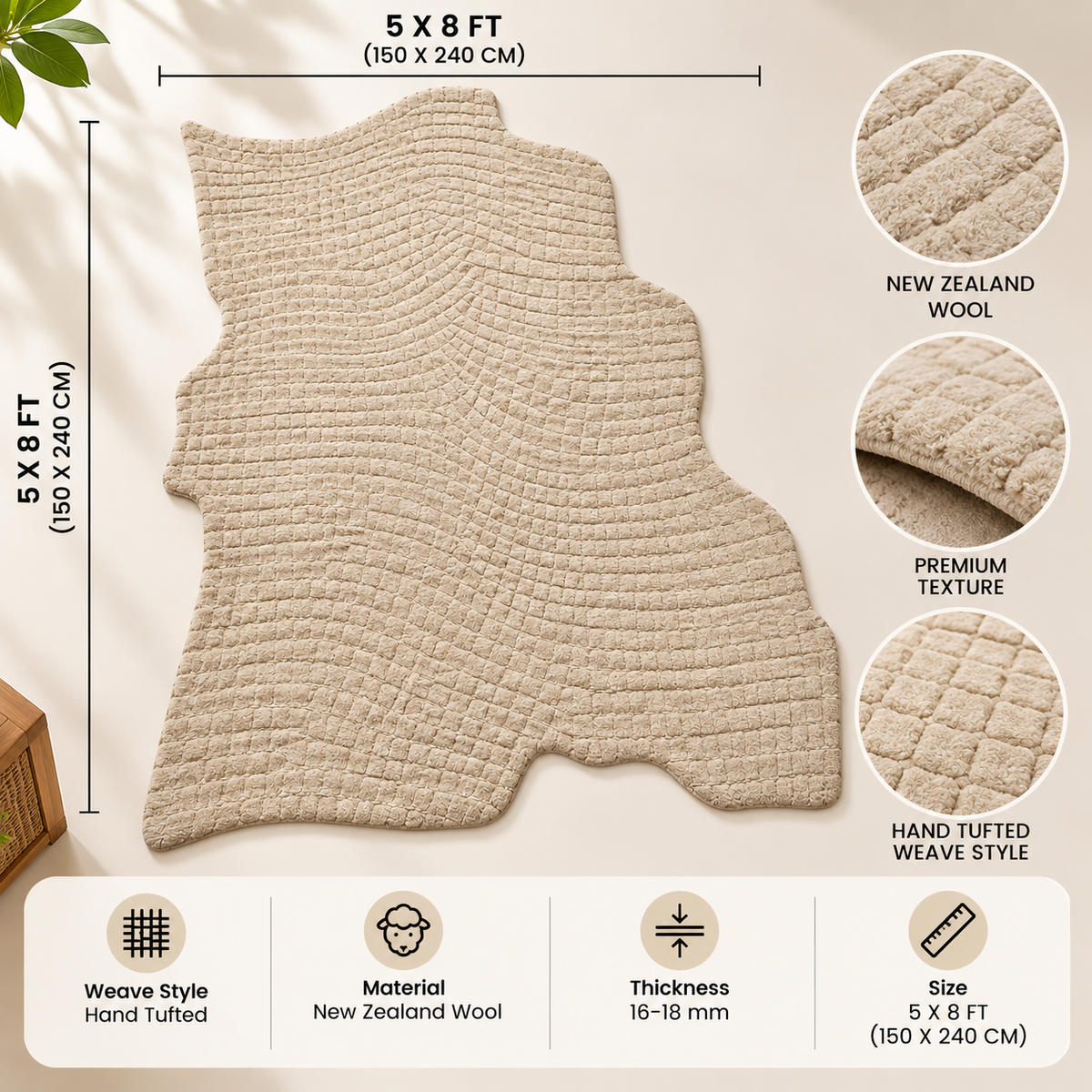 Ivory Textured New Zealand Wool Rug | Subtle Quilted Texture Pattern (GG)