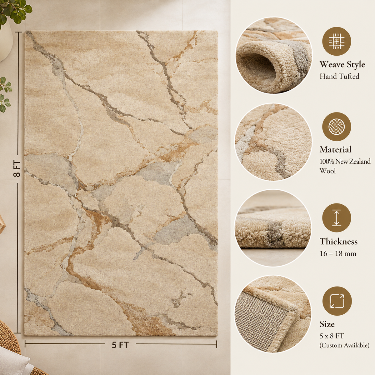 Marble Beige New Zealand Wool Rug| Veining Pattern (GG)