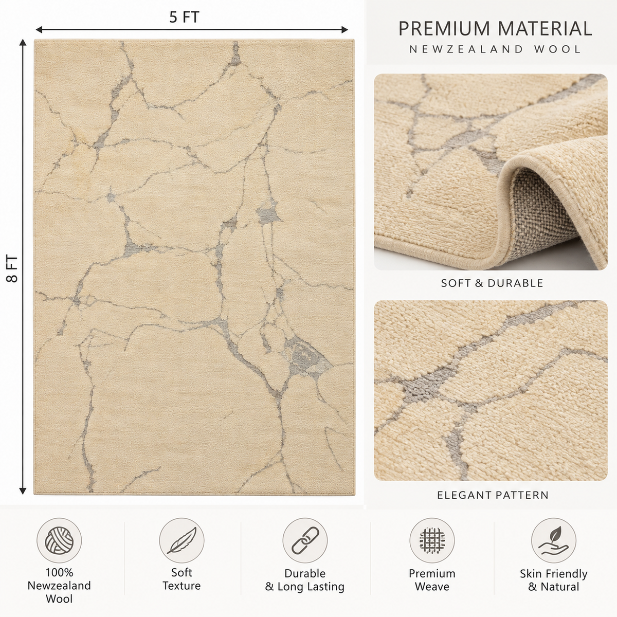 Marble Ivory New Zealand Wool Rug | Veining Pattern (GG)