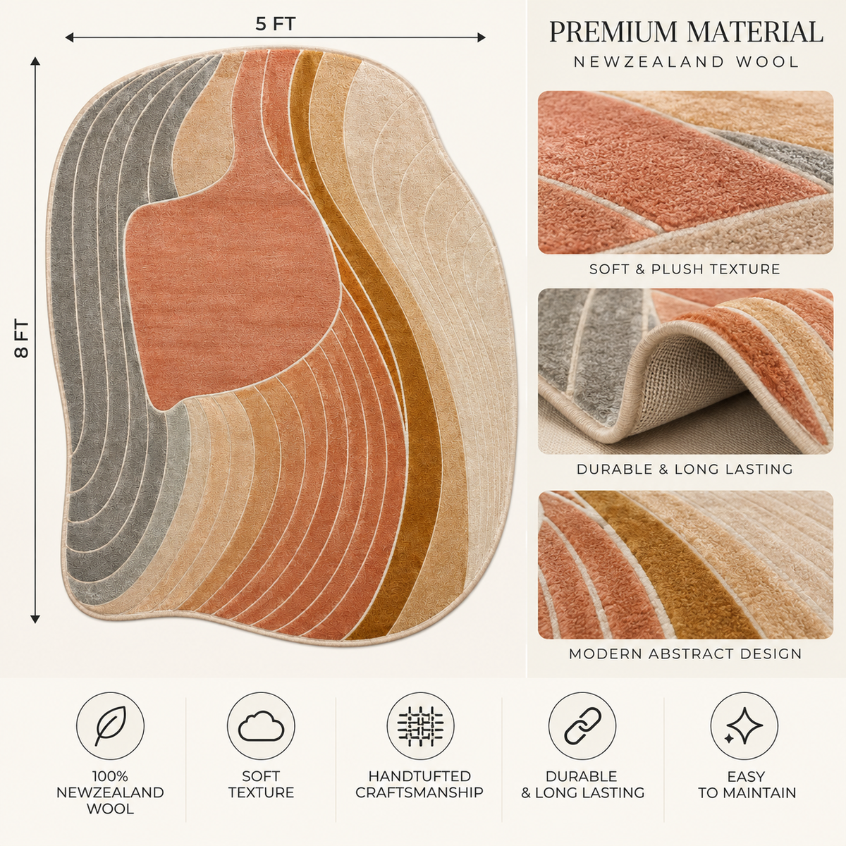 Modern Contour New Zealand Wool Rug | Flowing Contour Abstract Pattern (GG)