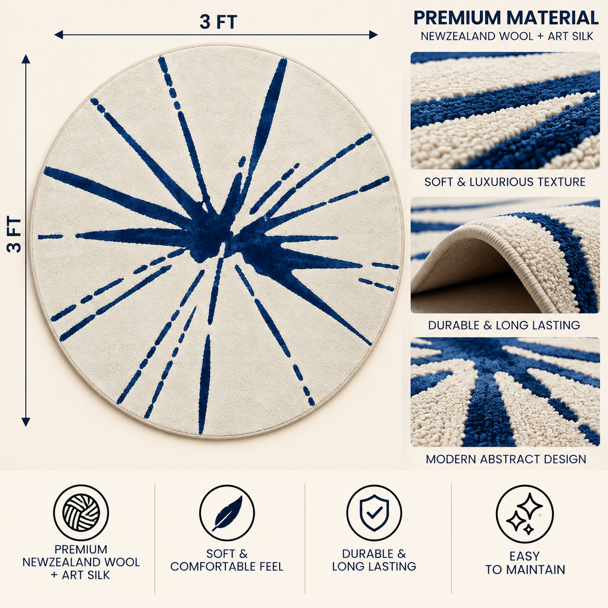 Navy Sunburst Round Rug - 3*3ft | Radiating Navy Sunburst Pattern (GG)