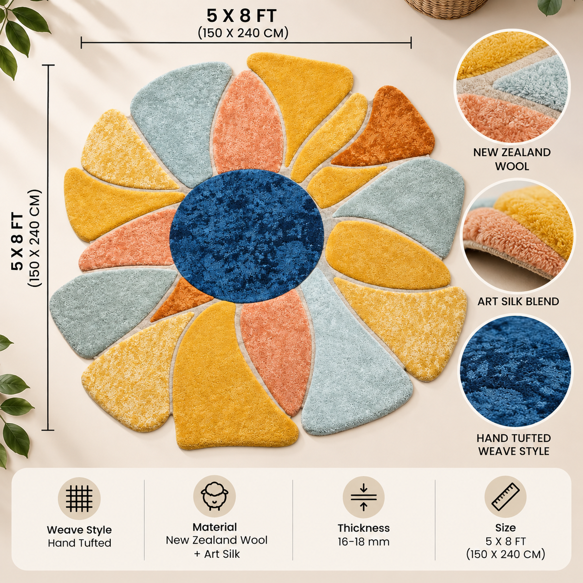 Petal Bloom New Zealand Wool & Art Silk Rug | Layered Petal-Inspired Abstract Pattern (GG)