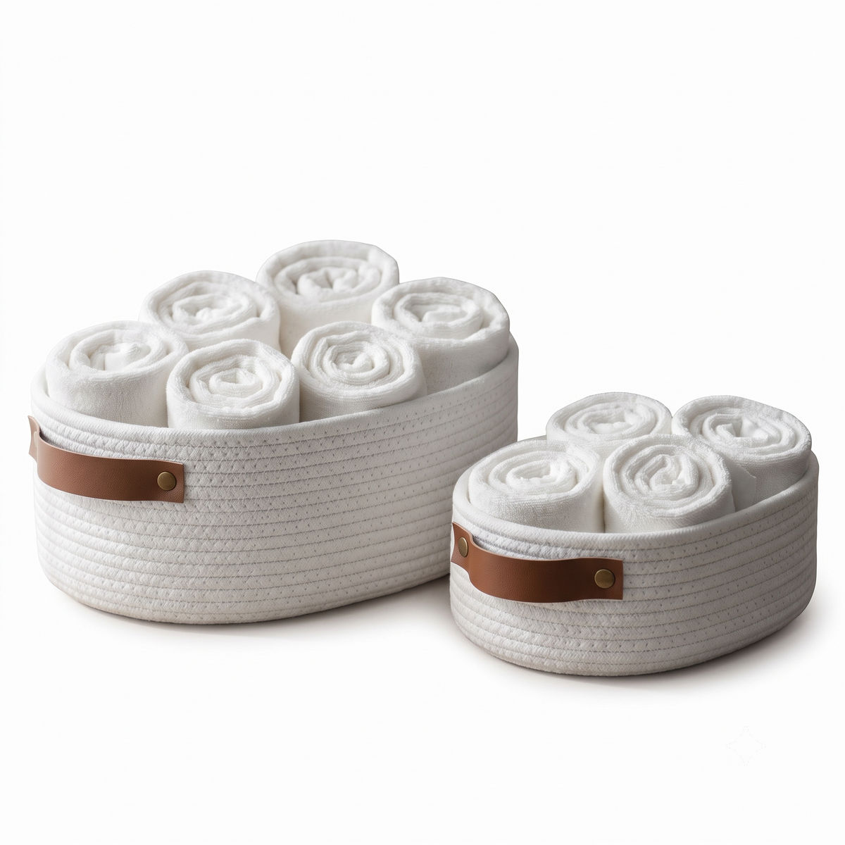 Premium White Cotton Rope Storage Basket Set of 2 – Oval Woven Home Organizer with Handles (DZ)