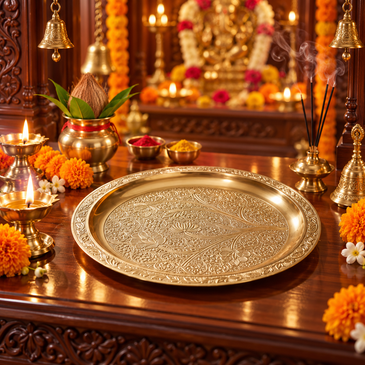 Pure Brass Puja Thali – Floral Embossed Aarti Plate - (DZ)