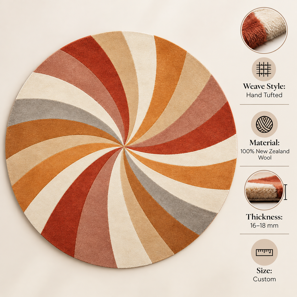 Retro Pinwheel Swirl Round Rug | Radiating Swirl Pattern (GG)