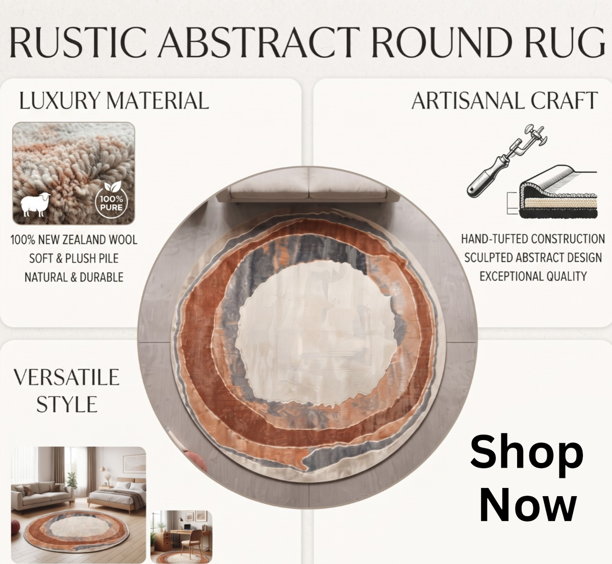 Rustic Abstract Round Rug | Layered Circular Abstract Pattern (GG)