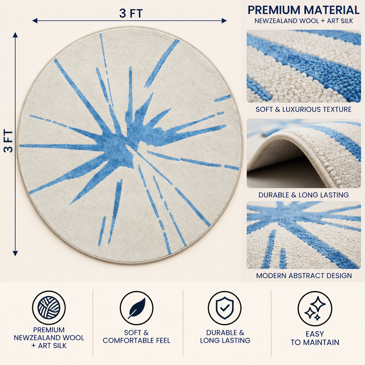 Sky Blue Sunburst Round Rug - 3*3ft | Radiating Sky-Blue Sunburst Pattern (GG)