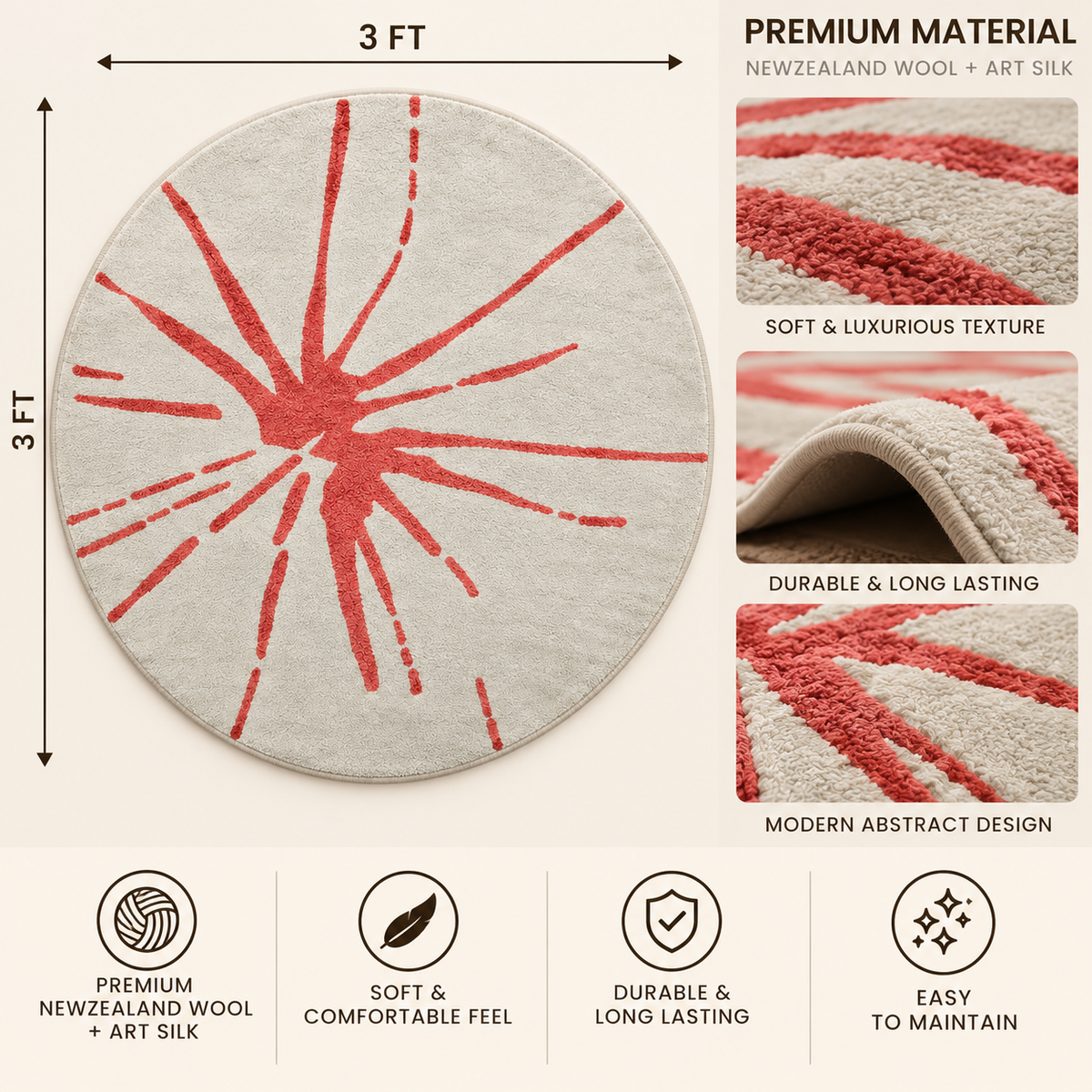 Sunburst Round Rug - 3*3ft | Radiating Sunburst Pattern (GG)