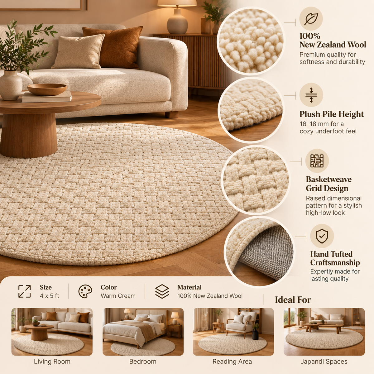 Textured Basketweave Round Rug | Raised Dimensional Basketweave Grid Pattern (GG)