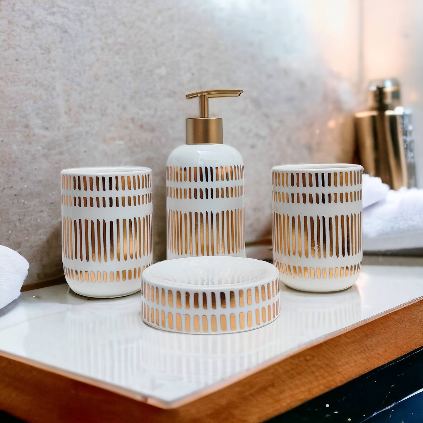 Elementa Bathroom Accessories Set - 1 Soap Dispenser + Toothbrush Holder + 1 Tumblers + 1 Soap Dish (W)