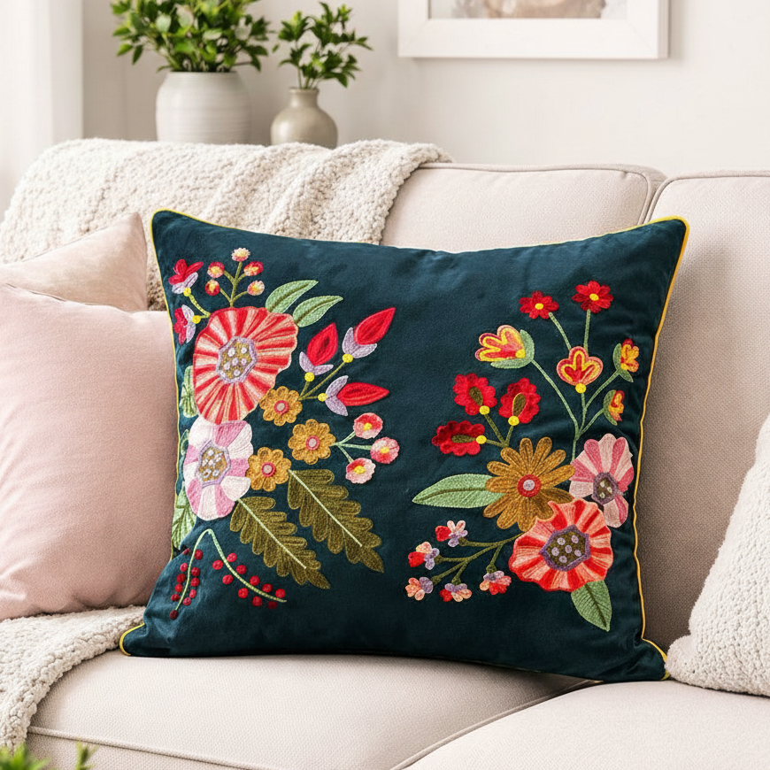 Dark Blue Embroidered Lumbar Cushion Pillow Cover 40*40cms - (TFB)