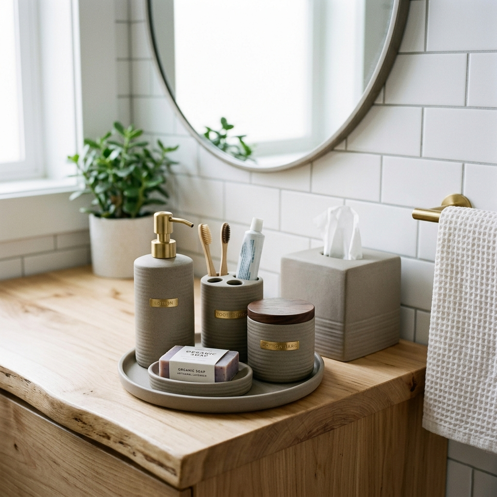 Minimalist beige ceramic bathroom accessories set with toothbrush holder, soap dispenser, jar, soap dish, and succulent