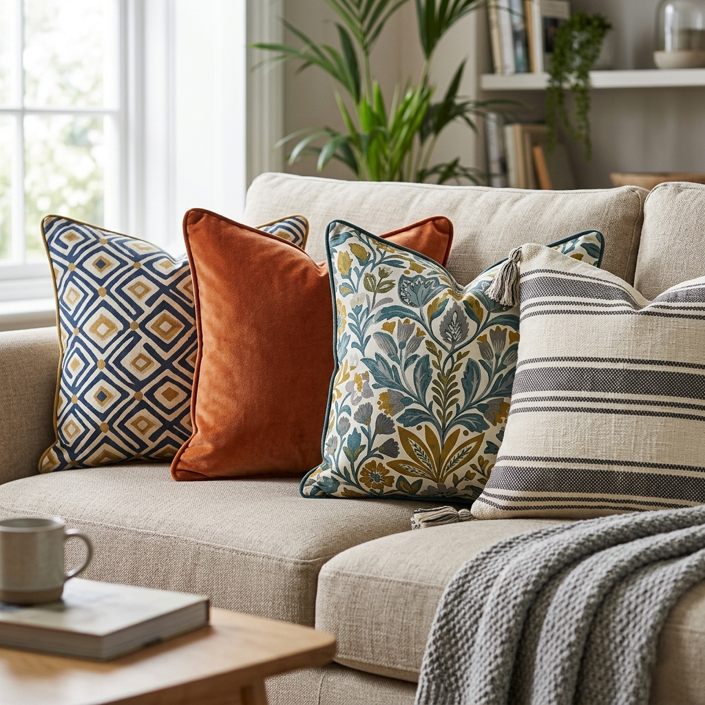 Beige sofa with three decorative cushion covers featuring geometric and tassel designs, complemented by a fringed throw blanket