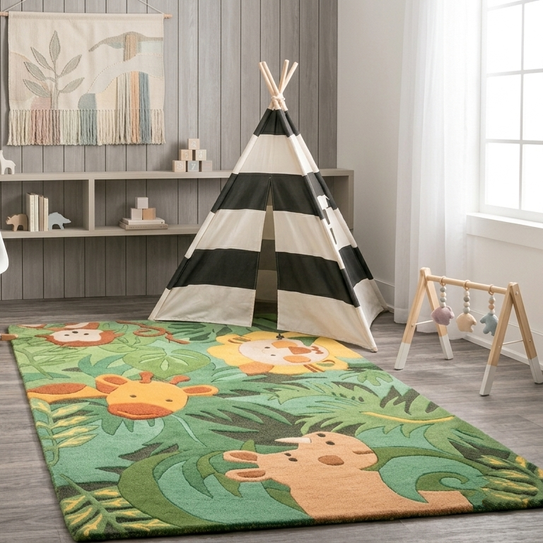 Children's playroom with a colorful kids rug featuring a lion, giraffe in a hot air balloon, and elephant, bright natural light