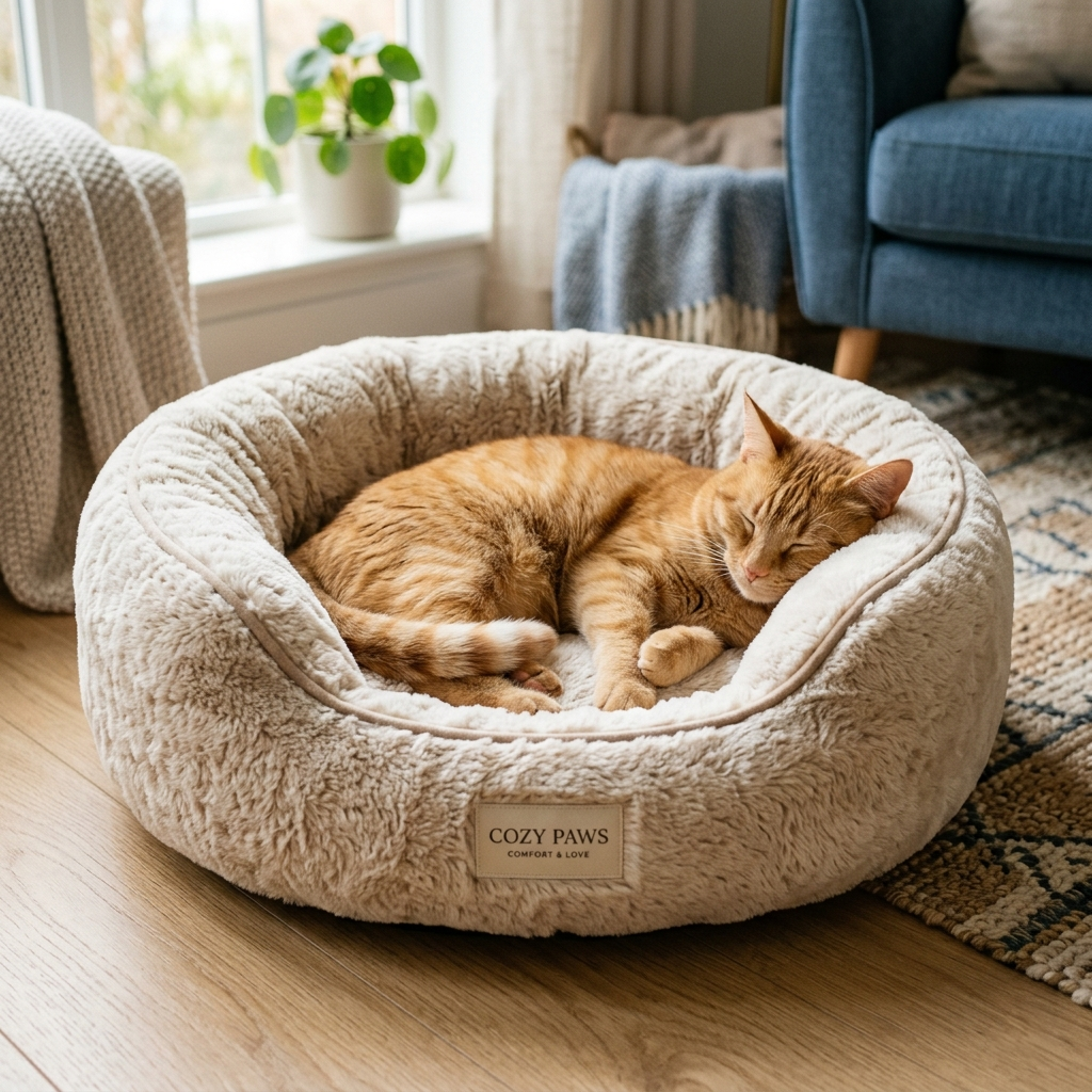 German Shepherd dog resting on stylish wooden pet bed with beige cushion at Urban Nivasa