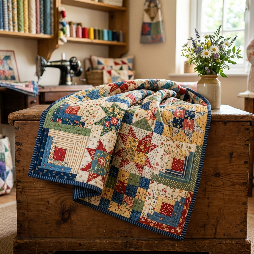 Cozy bedroom with wooden bed featuring a colorful patchwork quilt in green, mustard, rust, and cream tones, soft knitted throw, and bedside table with lamp and plant