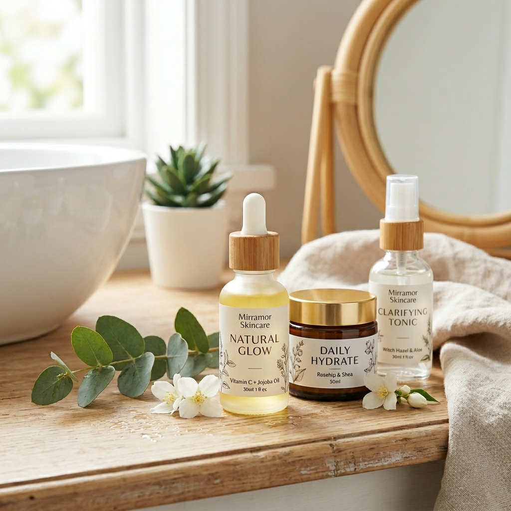 Natural skincare set with face cream, face mask, and body lotion bottles on wooden table by peaceful forest stream