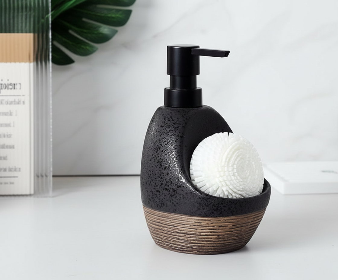 Artisanal Ribbed Textured Ceramic Soap Dispenser (W)