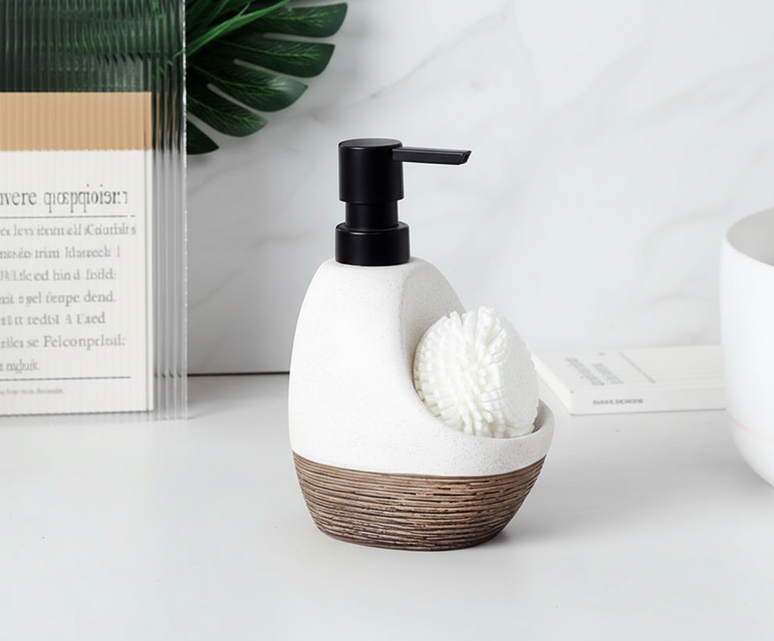 Artisanal Ribbed Textured Ceramic Soap Dispenser (W)