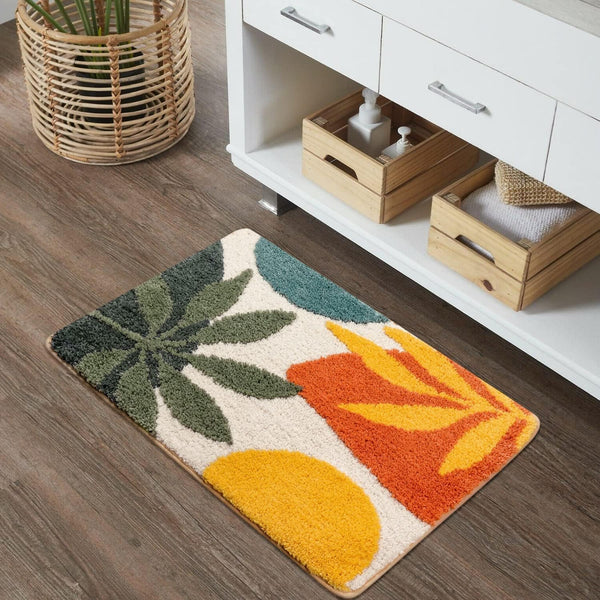 Abstract Boho Tropical Leaves Tufted Microfiber Non-Slip Geometric Accent Bathroom Mat (40 x 60 cm) - (CD)