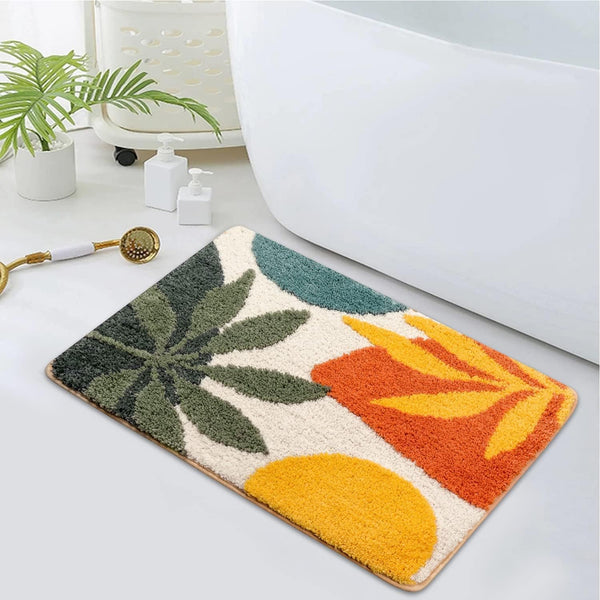 Abstract Boho Tropical Leaves Tufted Microfiber Non-Slip Geometric Accent Bathroom Mat (40 x 60 cm) - (CD)