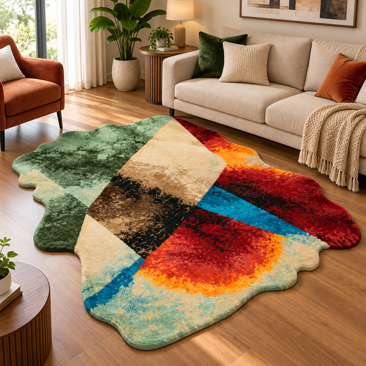 Abstract Color New Zealand Wool & Art Silk Rug | Abstract Color-Block & Organic Silhouette (GG)