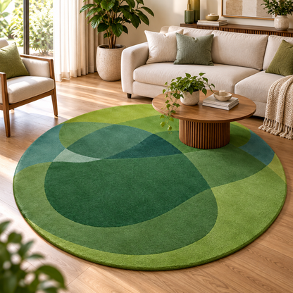 Abstract Overlapping Green Round Rug | Fluid Overlapping Organic Forest Canopy Pattern (GG)