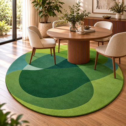Abstract Overlapping Green Round Rug | Fluid Overlapping Organic Forest Canopy Pattern (GG)
