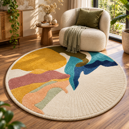 Abstract Tufted Sunburst Round Rug | Asymmetrical Sunburst with Organic Waves & Carved Ridges (GG)
