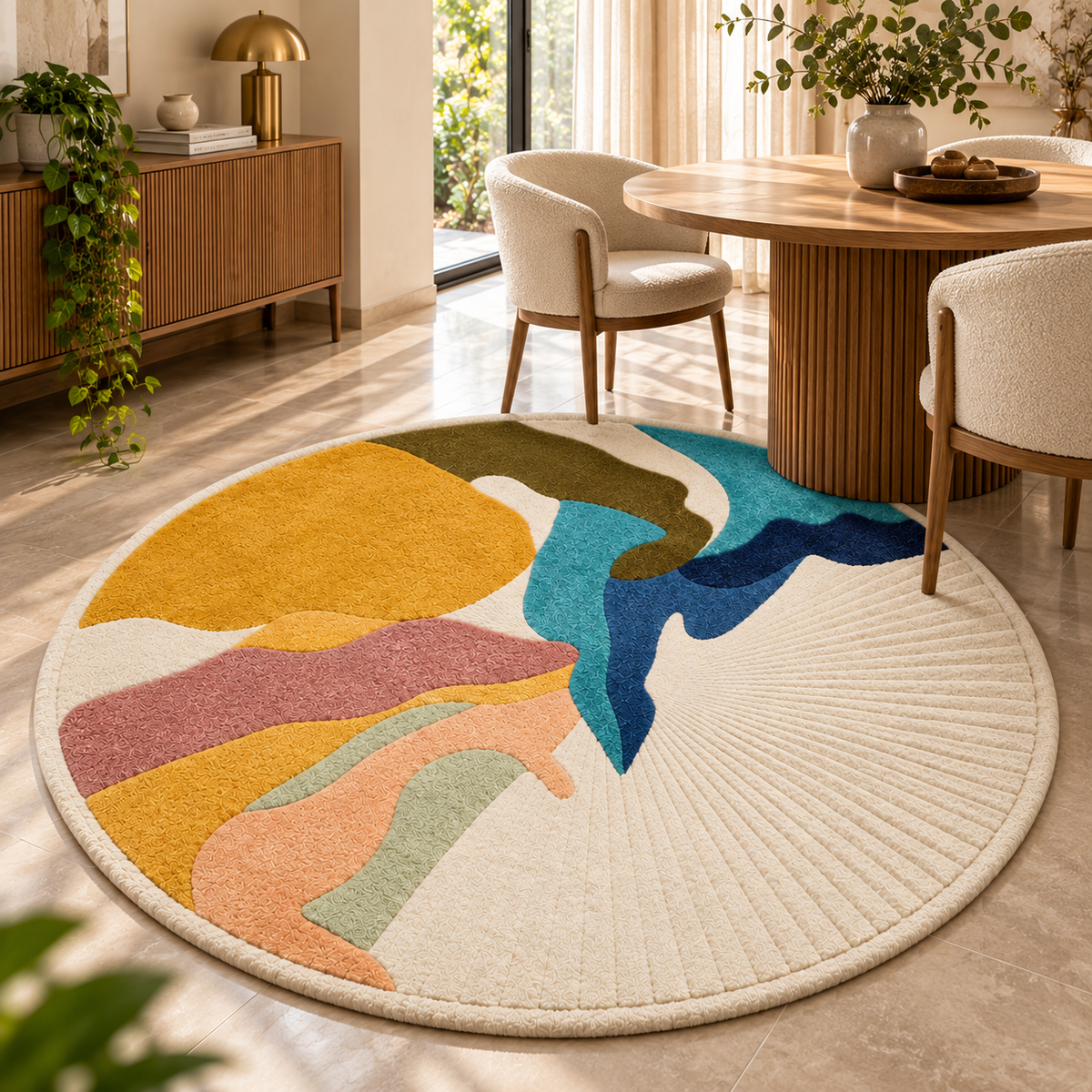 Abstract Tufted Sunburst Round Rug | Asymmetrical Sunburst with Organic Waves & Carved Ridges (GG)