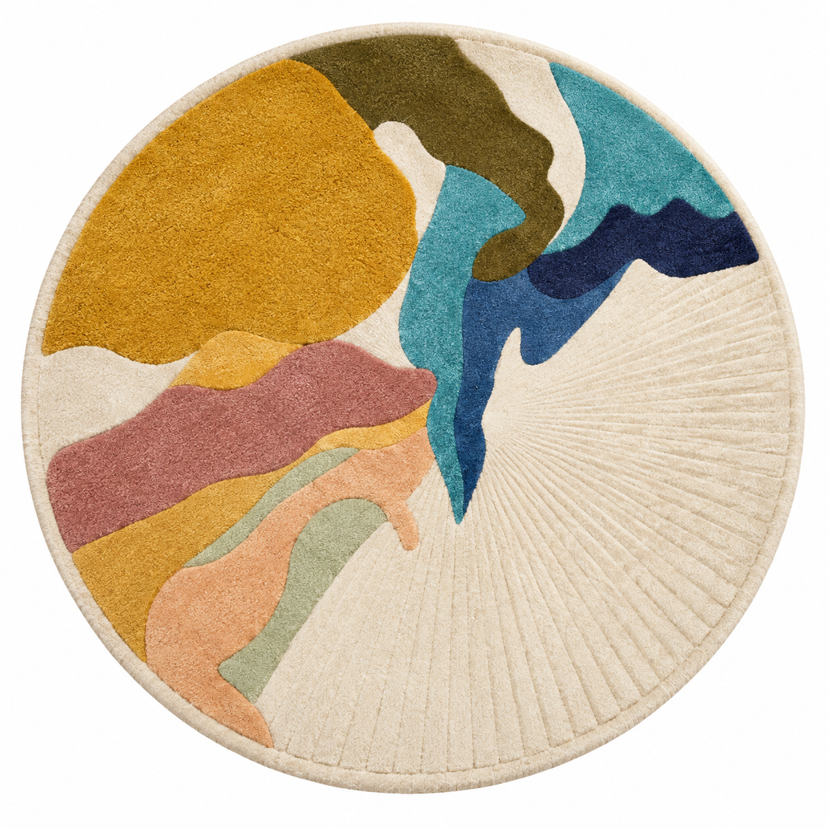 Abstract Tufted Sunburst Round Rug | Asymmetrical Sunburst with Organic Waves & Carved Ridges (GG)