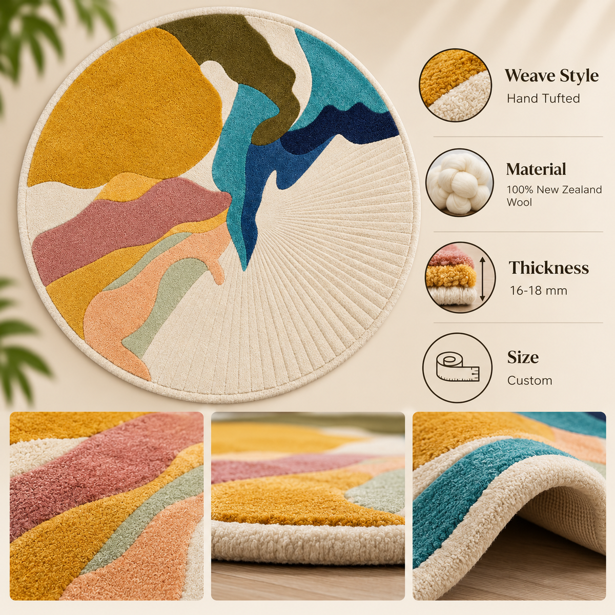 Abstract Tufted Sunburst Round Rug | Asymmetrical Sunburst with Organic Waves & Carved Ridges (GG)