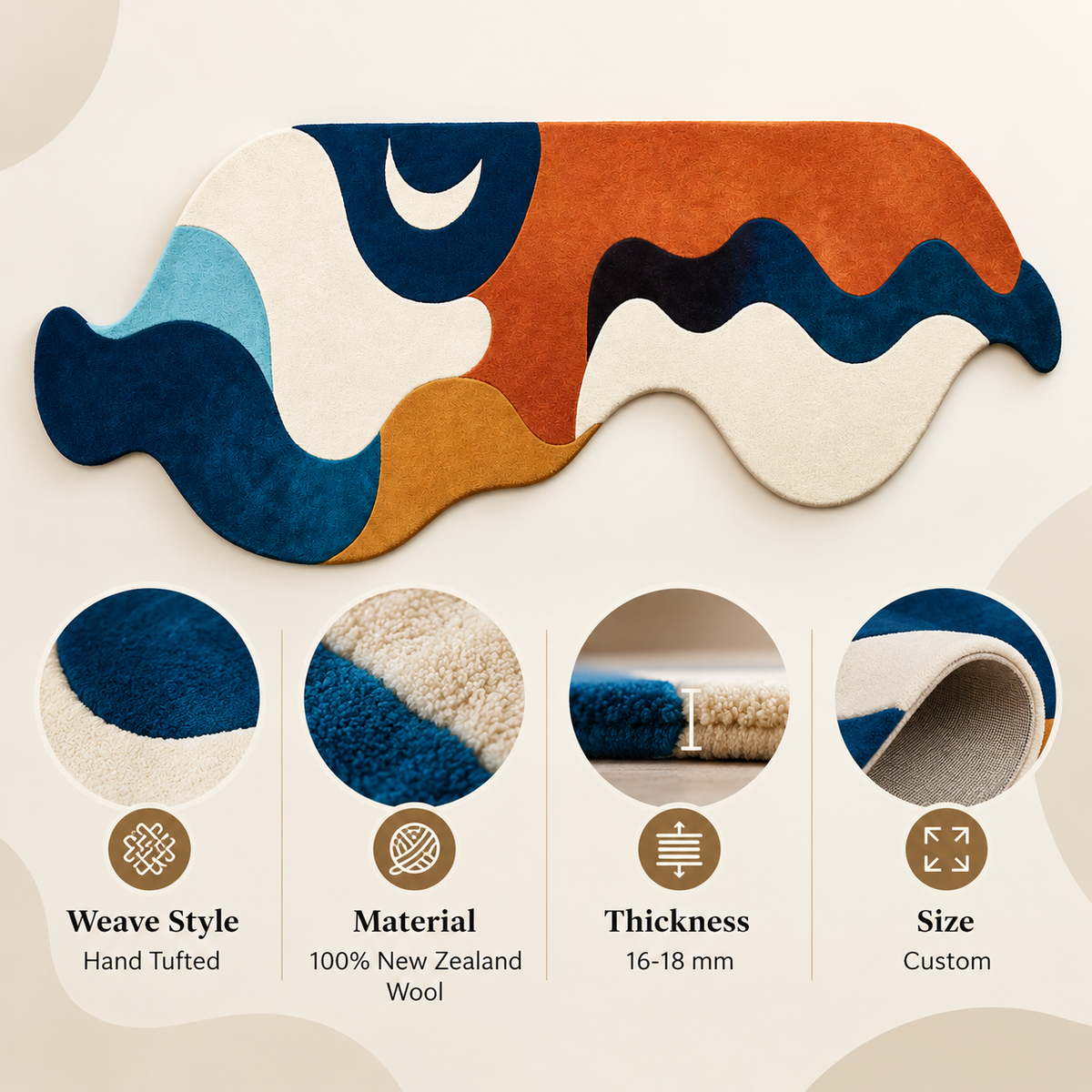 Abstract Wave New Zealand Wool Rug | Flowing Abstract Wave & Sculptural Shapes (GG)