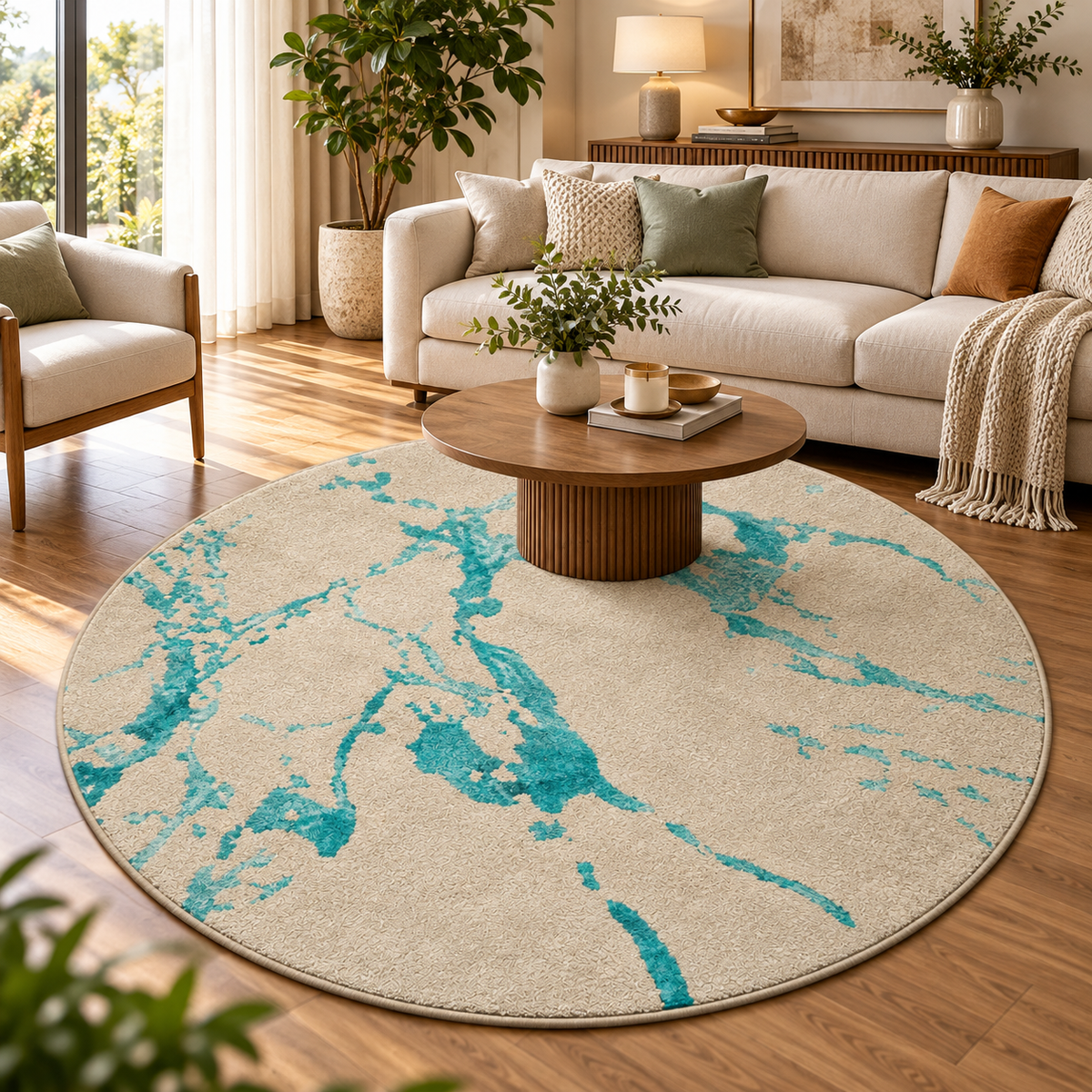Aqua Marble Round Rug - 3*3 ft | Flowing Aqua Marble Veining Pattern (GG)
