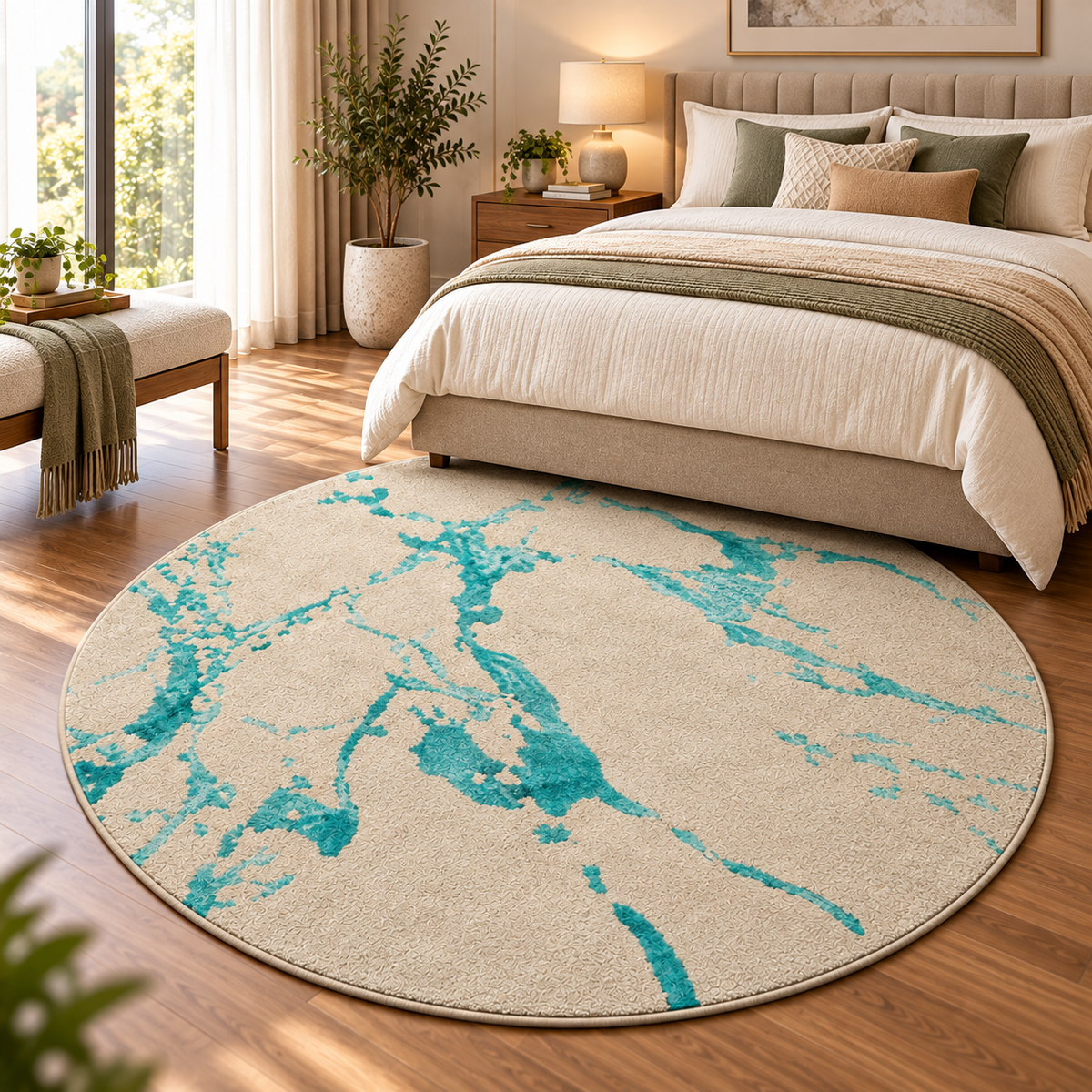 Aqua Marble Round Rug - 3*3 ft | Flowing Aqua Marble Veining Pattern (GG)
