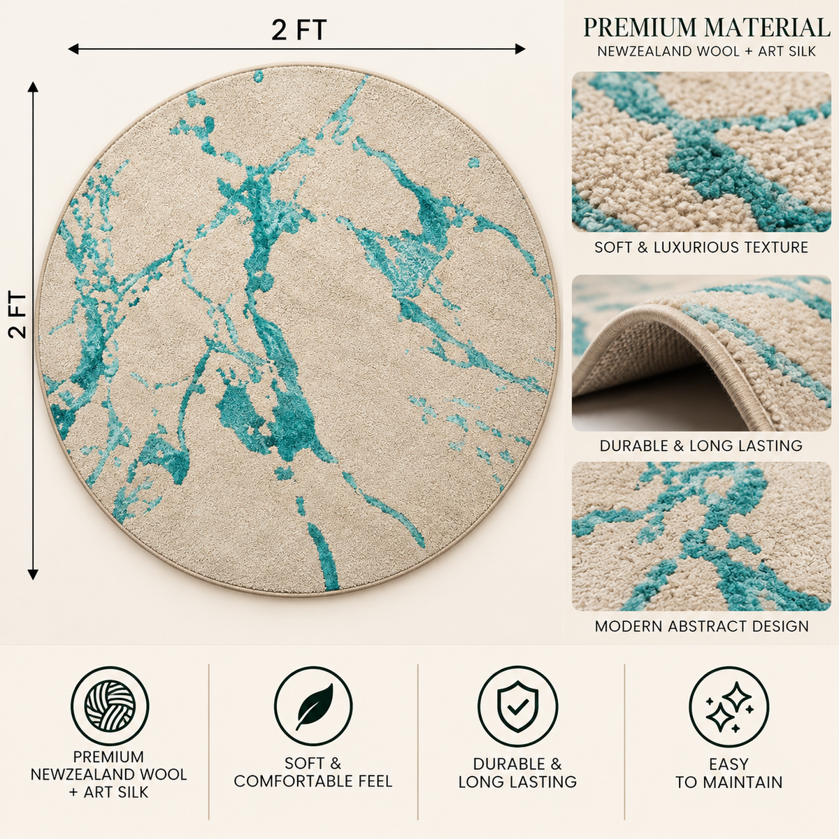 Aqua Marble Round Rug - 3*3 ft | Flowing Aqua Marble Veining Pattern (GG)