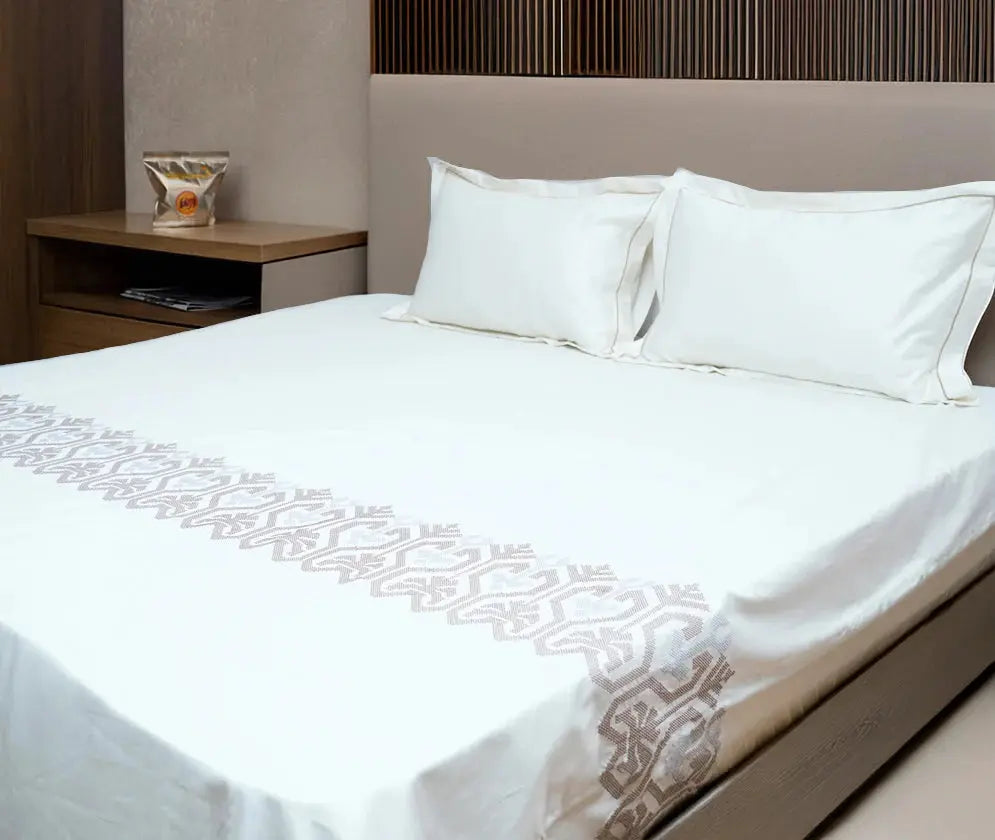 Art Cream Blossom (400 TC) - 100% Cotton King-Size Bedsheet + 2 Pillow Covers - Urban Nivasa